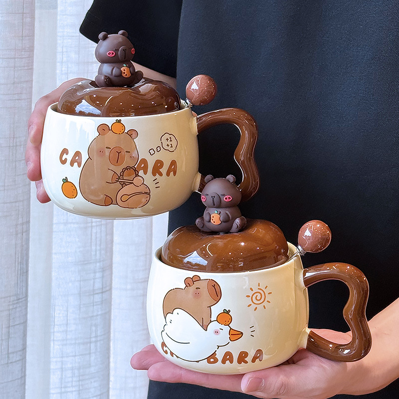 カピバラマグ 蓋とスプーン付き コーヒーカップ ハイエンドの絶妙なセラミックウォーターカップ 誕生日 卒業ギフト|undefined
