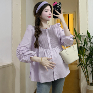 Real Shot Maternity 2024 New Korean Long Sleeve Stitching Round Neck Loose Fashion All-match Doll Shirt Simple Shirt