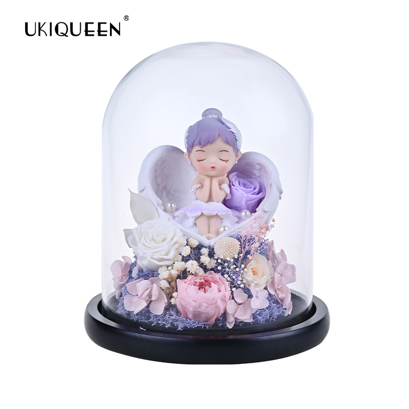 Naxi reina flor eterna cubierta de cristal gato hadas muñeca decoración serie Rosa flores al por mayor qixi regalo