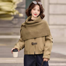 欧货时尚设计毛线披肩棉衣派克服2025秋冬减龄保暖短款棉服外套女