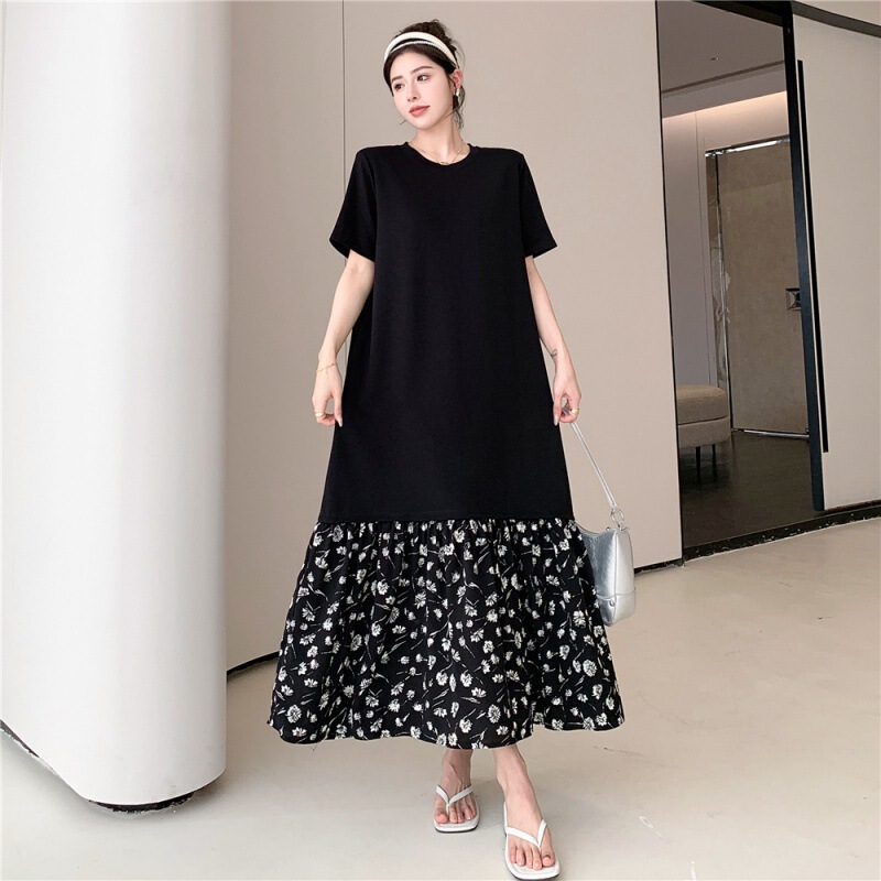 2024 summer new fake two-piece dress chubby girl stitching fishtail temperament maxi dress loose plus size dress