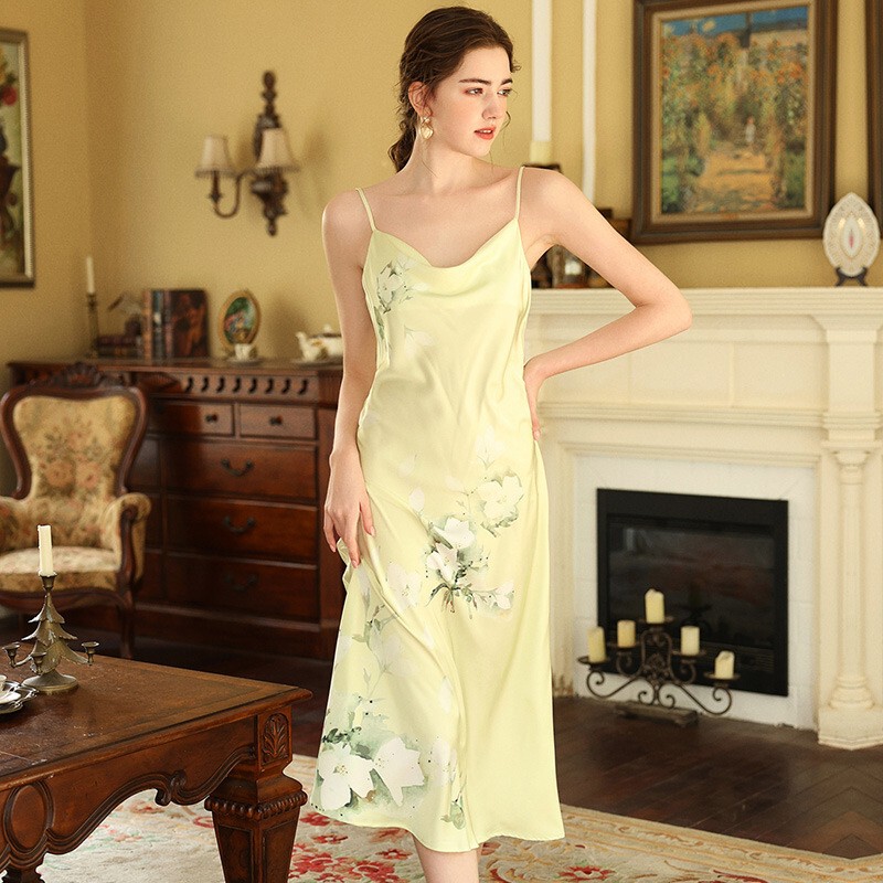 Cross-border Long Dress New Guofeng Cheongsam Sling Spring and Autumn Summer Ice Silk Positioning Printed Dress Satin Satin Pajamas Pajamas