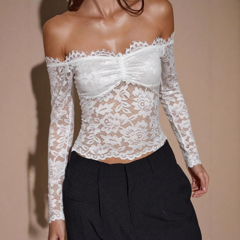 European and American Cross-Border Amazon Spring and Summer New Women's White One-Shoulder Long-Sleeved French Retro Lace Shirt Top European and American Cross-Border Amazon Spring and Summer New Women's White One-Shoulder Long-Sleeved French Retro Lace Shirt Top