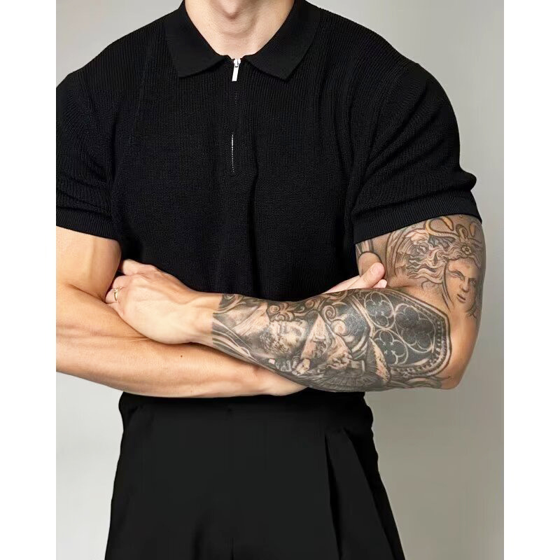 Polo de punto de manga corta para hombre con media cremallera, cuello tipo solapa, corte ajustado, camiseta de negocios, polo de media cremallera al por mayor para hombre