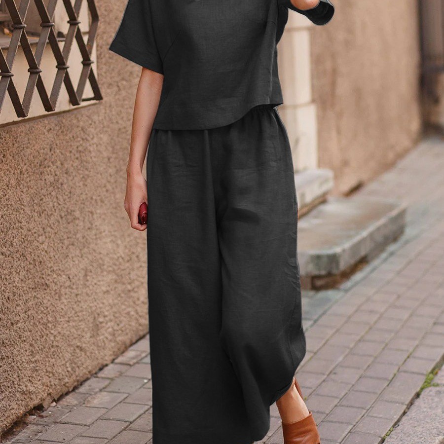 Plus Size Women's Solid Color Short Sleeve Set Loose European American Style Two Piece Women's Clothing Fashion_ecoleips.com