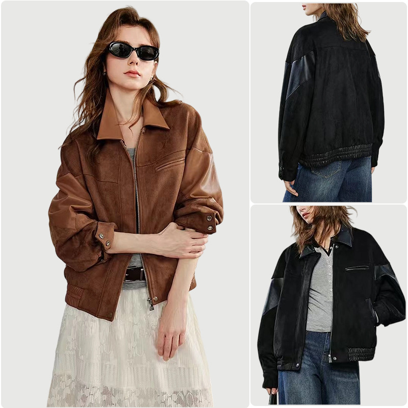2025 European and American New Retro Lapel Brown Plush Splicing Leather Short Jacket Casual Jacket Versatile Top for Women