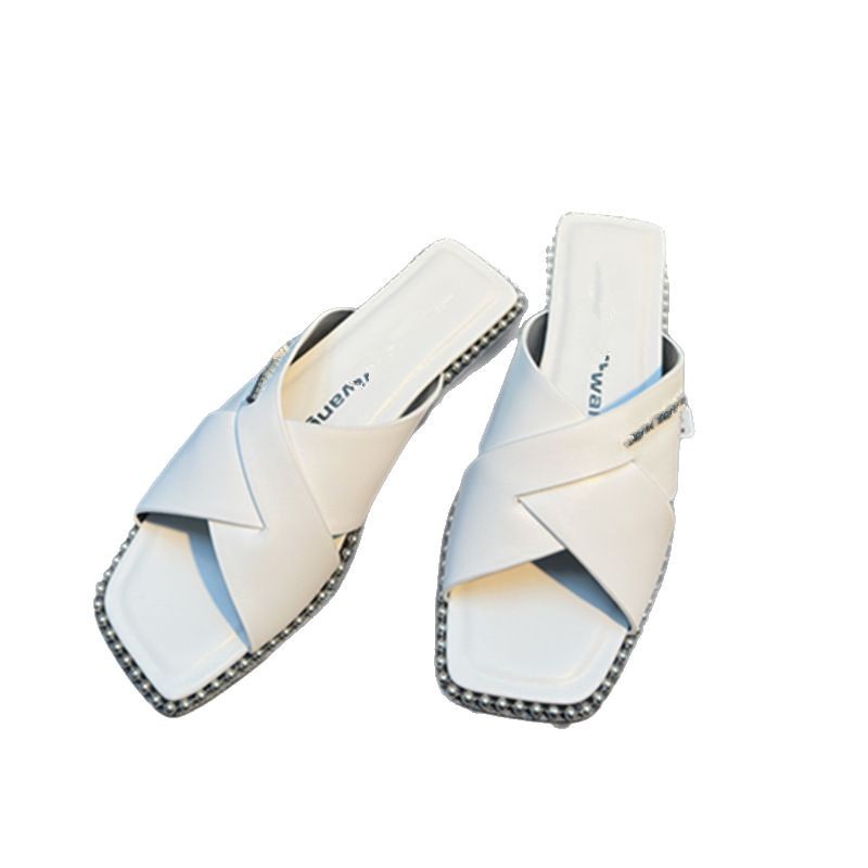 Quality Shoes Niche Summer New Flat Cow Print Versatile Clip Sandals Square Toe Beaded Outdoor Flip-Flops For Women_vogvips.com