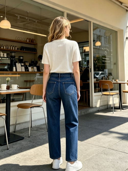 Jeans Rectos de Cintura Alta para Mujer de Mezclilla de Algodón, Sin Elasticidad, Lavado con Agua, para Uso Casual