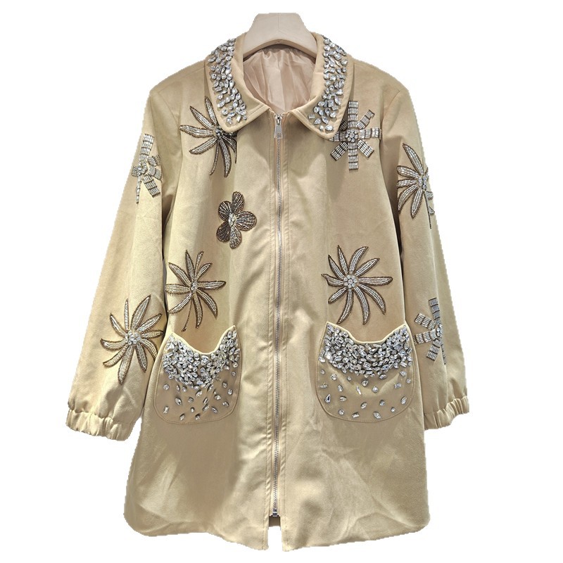 Chaqueta con Cuentas y Flores para Mujer Holgada con Solapa