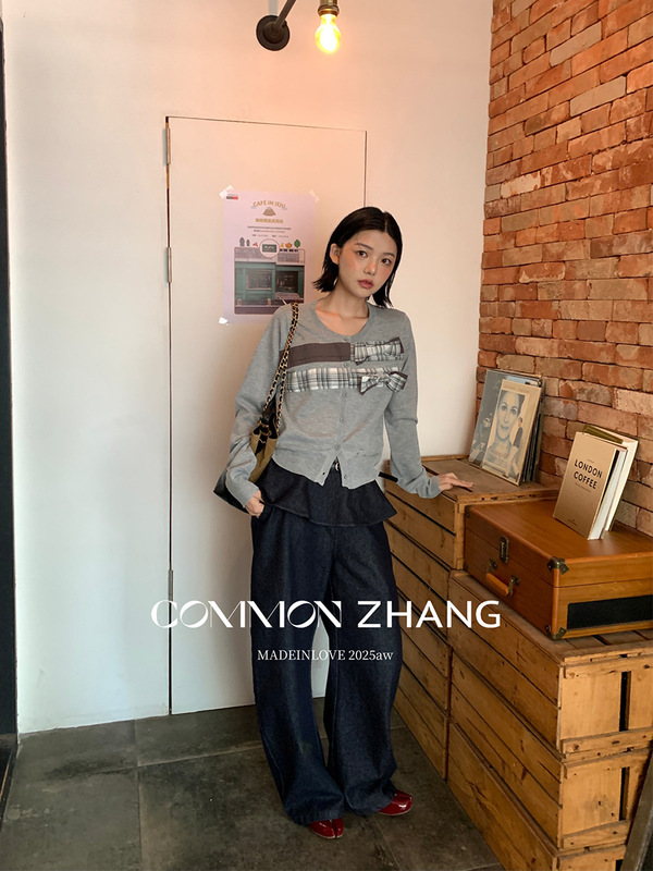 CZ ZHANG秋法式复古贴布圆领针织开衫女百搭休闲减龄毛衣B35493|undefined