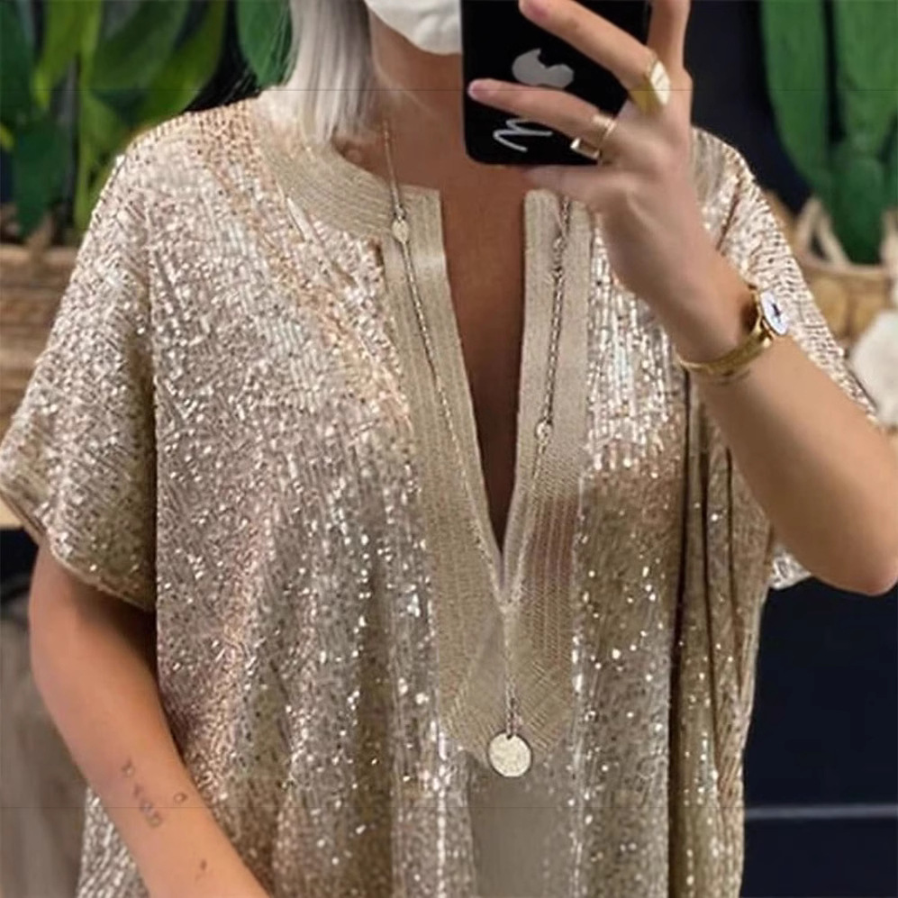 Abbigliamento donna casual, camicetta a maniche corte con scollo a V e paillettes, vestibilità ampia, top con scollo a V profondo per abbigliamento casual_voghion.com