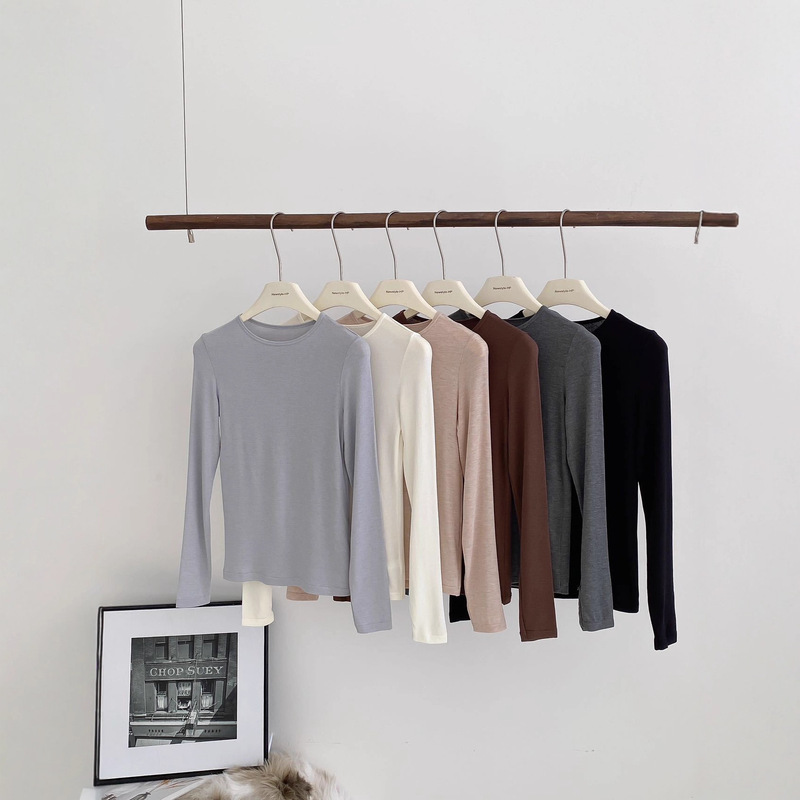 In-Stock Cashmere Tencel Modal Base Layer Shirt for Autumn and Winter, Slim Fit, Round Neck, Skin-Friendly, Long-Sleeved T-Shirt, Light Luxury Knitwear