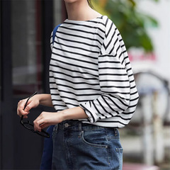 日本楽天秋の新型女性ストライプtシャツ純綿カジュアルシンプルなラウンドネック長袖上着対外貿易