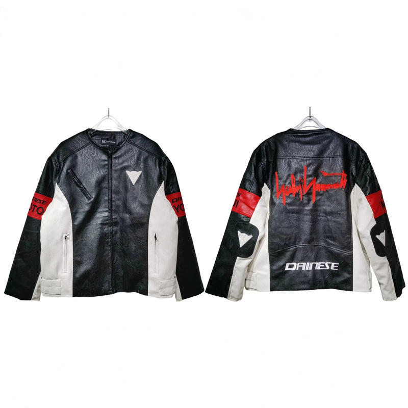 Cross-Border American High Street Style Dainese-Inspired Motorcycle Pu Leather Jacket with Color-Blocking, Collarless Silhouette, Trendy Brand Outerwear Cross-Border American High Street Style Dainese-Inspired Motorcycle Pu Leather Jacket with Color-Blocking, Collarless Silhouette, Trendy Brand Outerwear