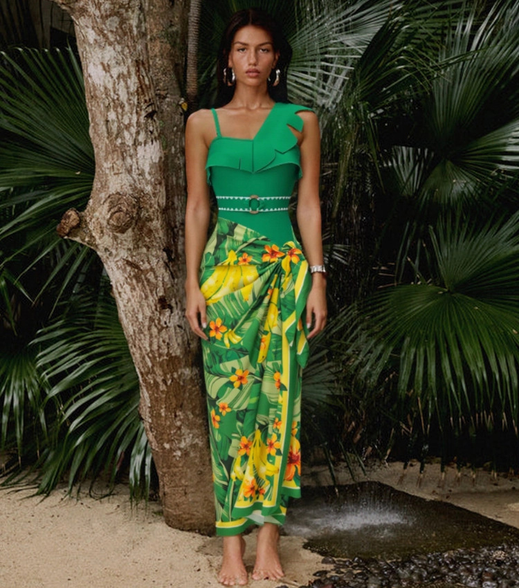 One-Shoulder Ruffle Monokini Swimsuit - Eco-Friendly Quick-Dry Swimwear Set With Sarong (Green Floral/Solid, Sizes S-XL)_ecoleips.com