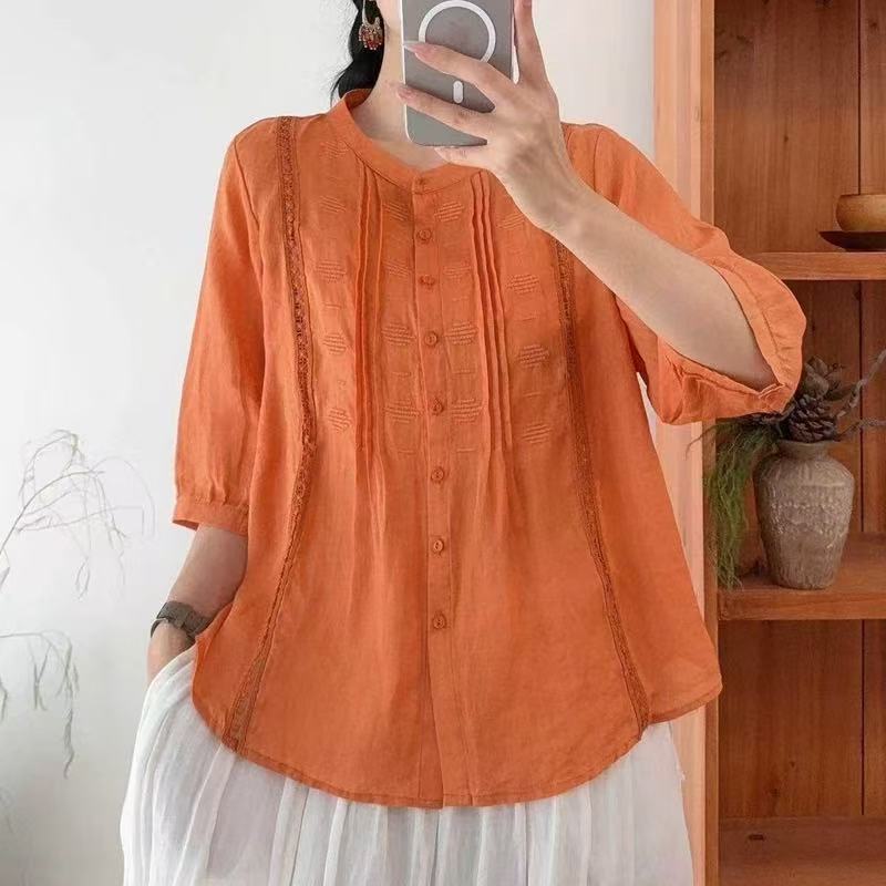 Summer 2025 Vintage Heavy Industry Hollow Embroidered Ramie Shirt with Vertical Collar and Seven Sleeve Pleated Single-breasted Round Neck Small Cardigan