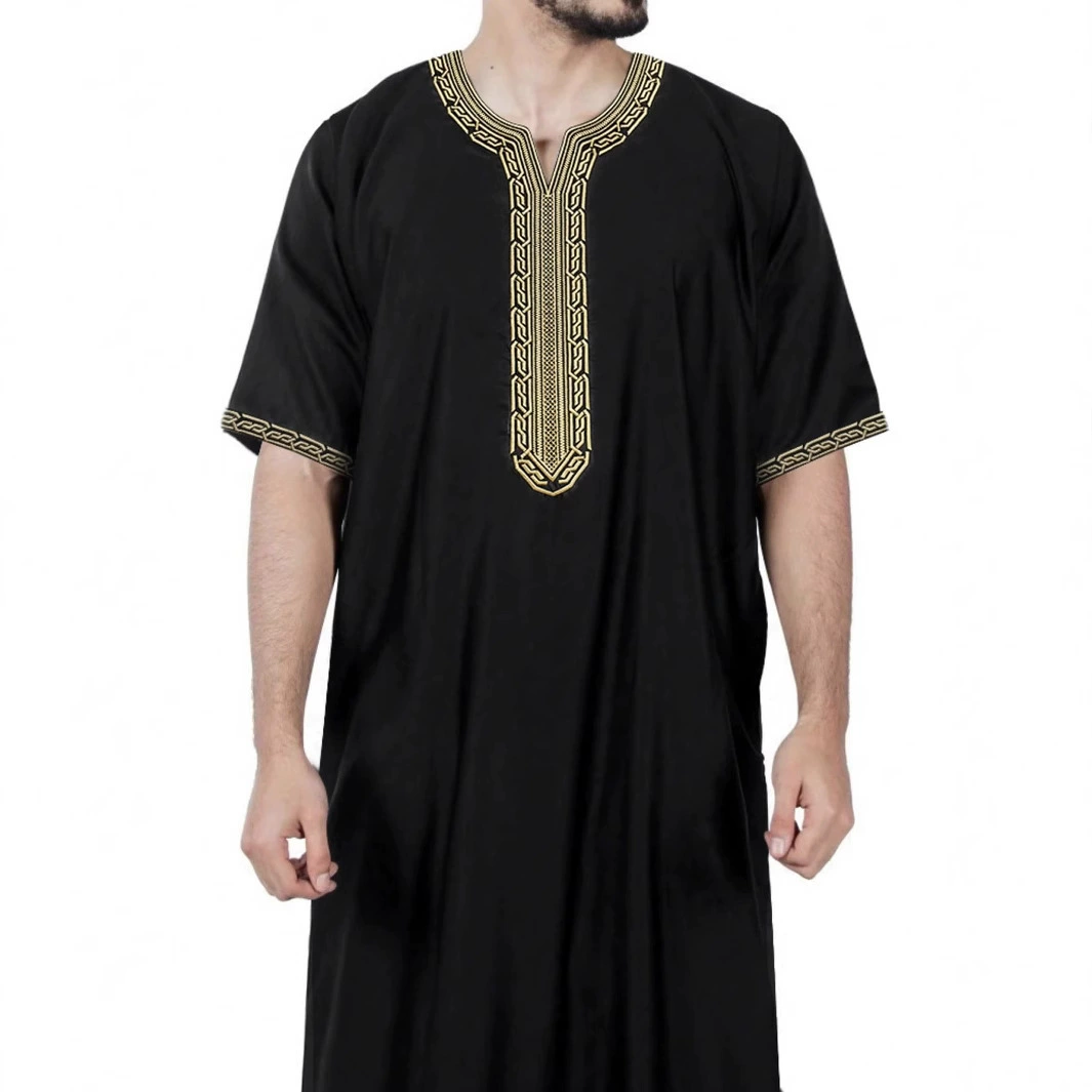 2025 трансграничный ближневосточный халат для внешней торговли, мусульманский халат с короткими рукавами, вышитый халат, марокканский мужской халат с боковым карманом