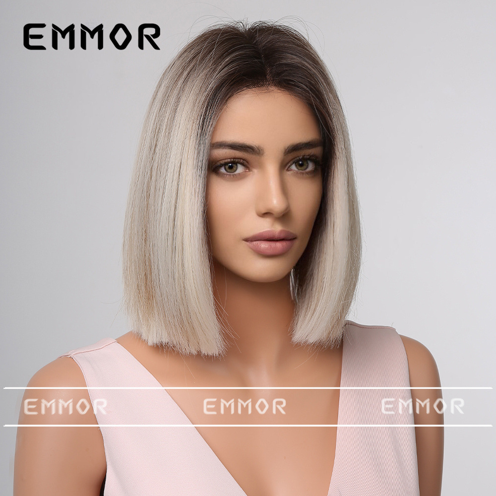 Emmor Amazon transfronteriza nueva peluca medio gris pelo corto recto cabeza de Bobo cabeza completa cubierta de la fábrica de Ventas Directas