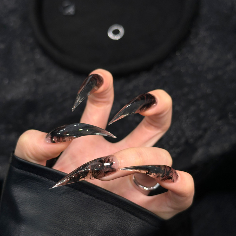 European and American Style Fake Nails, Pure Handmade Dragon Claw Design, Cross-Border Black Gradient Transparent Ultra-Long Pointed Nails, Spicy Girl Dark Style Wearable Nails