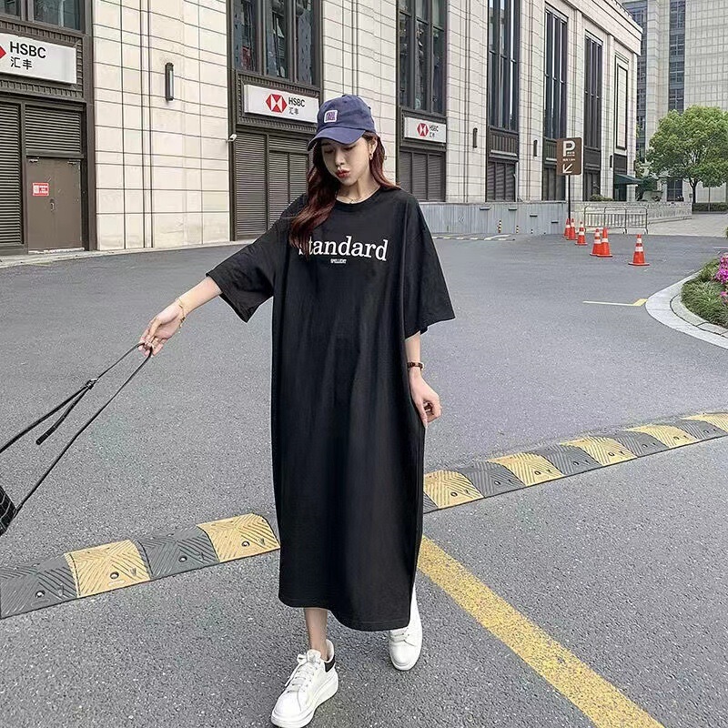 Long Over-The-Knee Short-Sleeved T-Shirt for Women 2024 Summer New Ins Loose Fat Sister Large Size Slimming Look Slit Dress