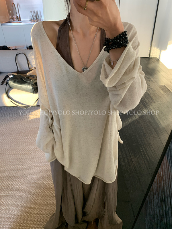 YOLO SHOP  莱赛尔亚麻V领百搭针织长袖上衣女初秋慵懒休闲风罩衫|undefined