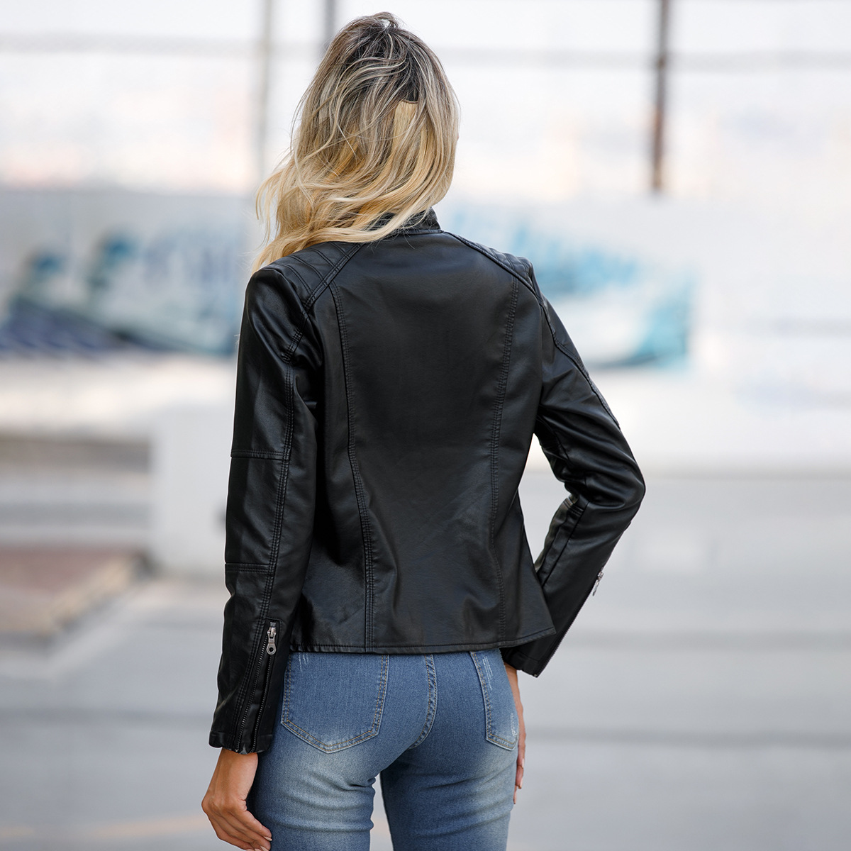 Cross-border European size women's leather jacket women slim jacket thin spring and autumn jacket women's motorcycle clothing large size standing collar leather jacket