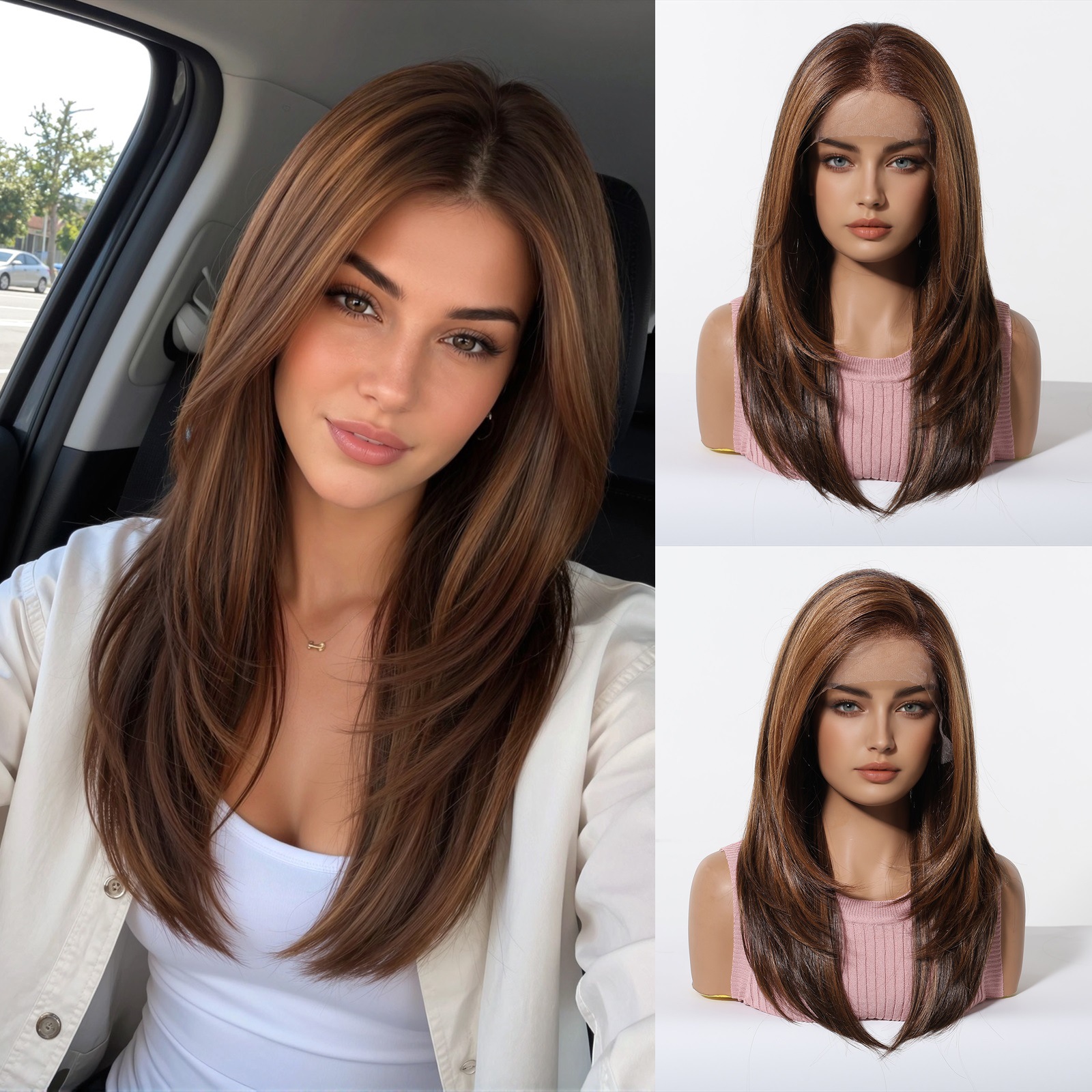Peluca de encaje transfronteriza 13*6HD de gran superficie con raya al medio, cabello largo y liso negro-marrón, peluca de encaje completa de moda.