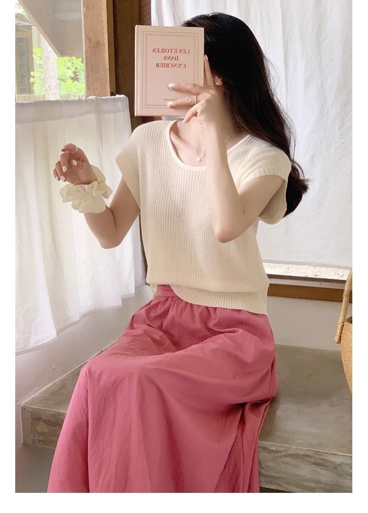 Áo thun dệt kim tay ngắn nữ 2026 mỏng nhẹ thoáng khí form ôm sát — xanh lam, Tên, Đỏ tươi, màu trắng ngà chi tiết 6