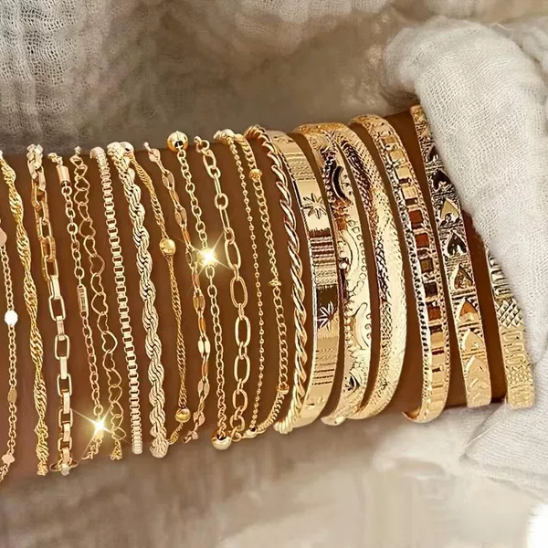 European and American Cross-Border Alloy Basic Women's Bracelet Set, Cuban Chain, Fashionable Minimalist Multi-Layer Chain Bracelet Wholesale