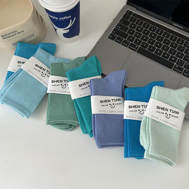 Blue Socks Women Solid Color Cotton Socks Mid-tube Socks Women's Royal Blue Sky Blue Simple Modern Dance Colorful Socks Ins