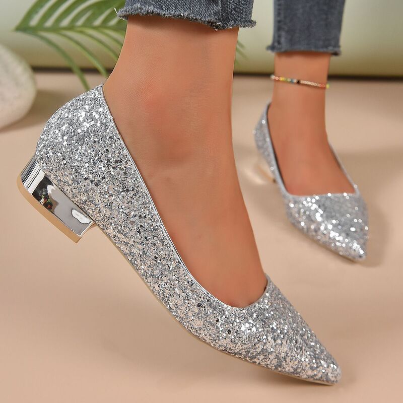 plus size Wedding Shoes Women's 2023 Summer New Korean Style Pointed Low Heel Rhinestone Shallow Mouth Xiuhe Shoes Wedding Bridesmaid Shoes
