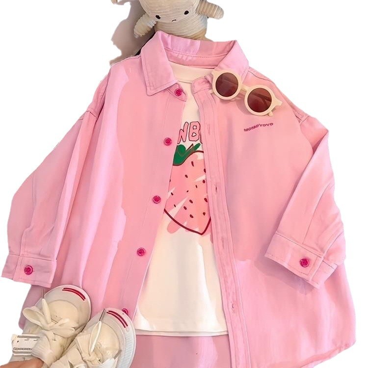 Nueva chaqueta de niña 2026 primavera y otoño estilo extranjero chicas primavera y otoño camisa vaquín rosa para niños Hanfan ropa de moda