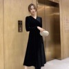 Bright silk V-neck low cut waist A-line long dress dating party dress long sleeve dress