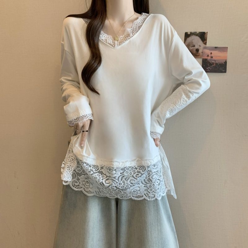 Plus Size Velvet Lace Stitching V Neck Long-Sleeved Tops for Women Autumn and Winter 2025 New Loose Fashion Bottoming Shirts for Women Plus Size Velvet Lace Stitching V Neck Long-Sleeved Tops for Women Autumn and Winter 2025 New Loose Fashion Bottoming Shirts for Women