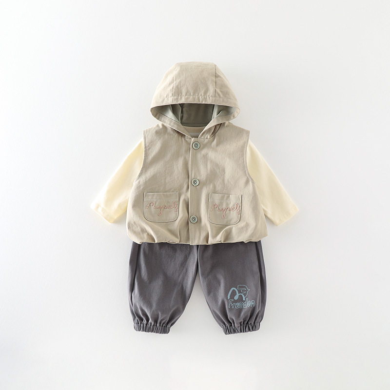 소년의 가을 조끼 3 조각 세트 소년의  의 봄과 가을 옷 서양식  바지  의 세트 후드
