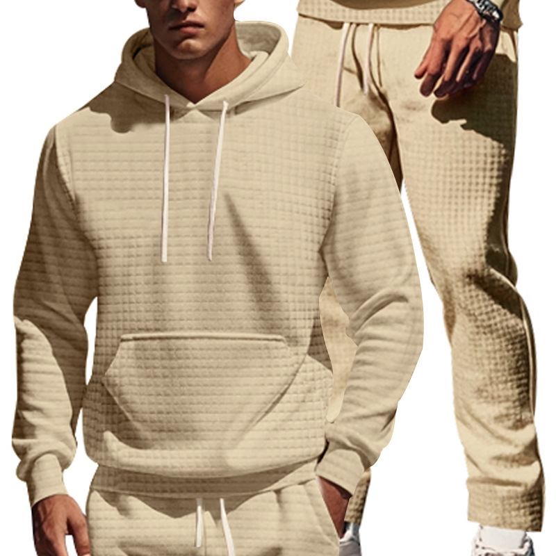 Men's Clothing heavy jacquard small square long sleeved trousers hooded suit _voghion.com