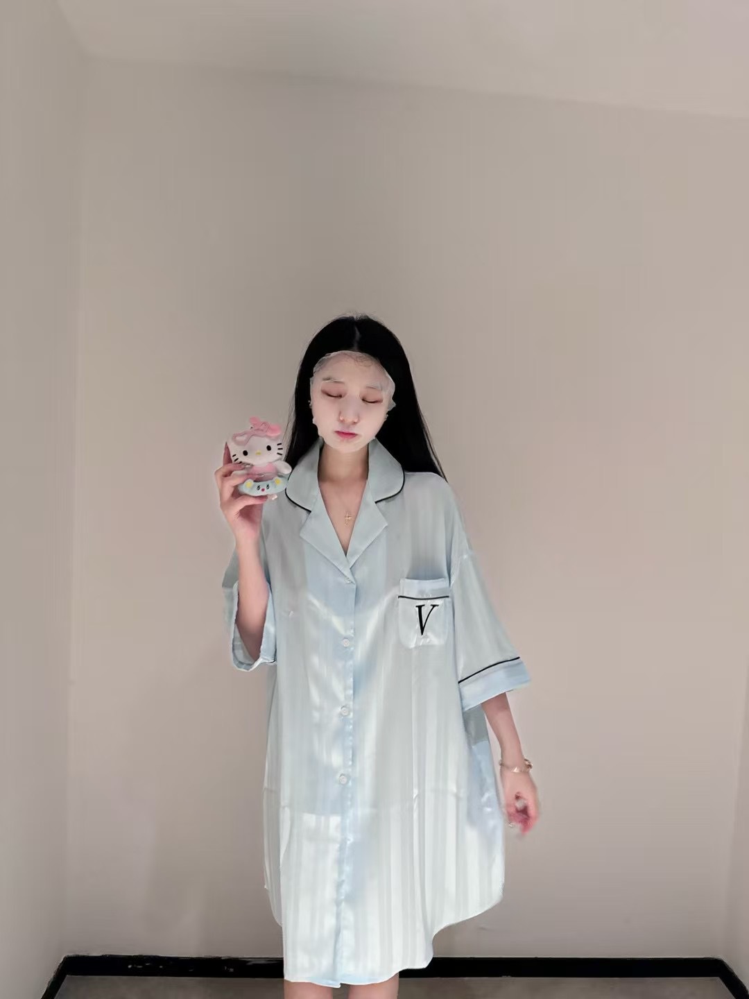 아쿠아 블루 스트라이프 셔츠 드레스