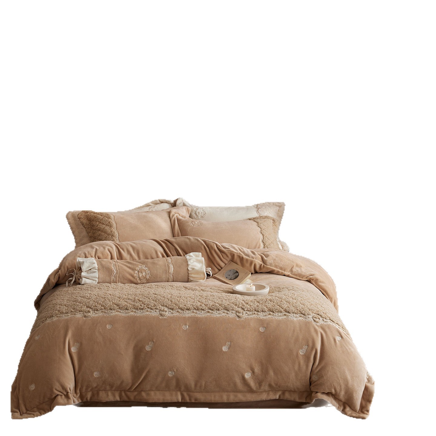 Nordic French Vintage Boho Class A Winter French Embroidery Milk Bedding Four-Piece Set, Luxurious Plush Duvet Cover And Coral Velvet Bed Sheet_voghion.com