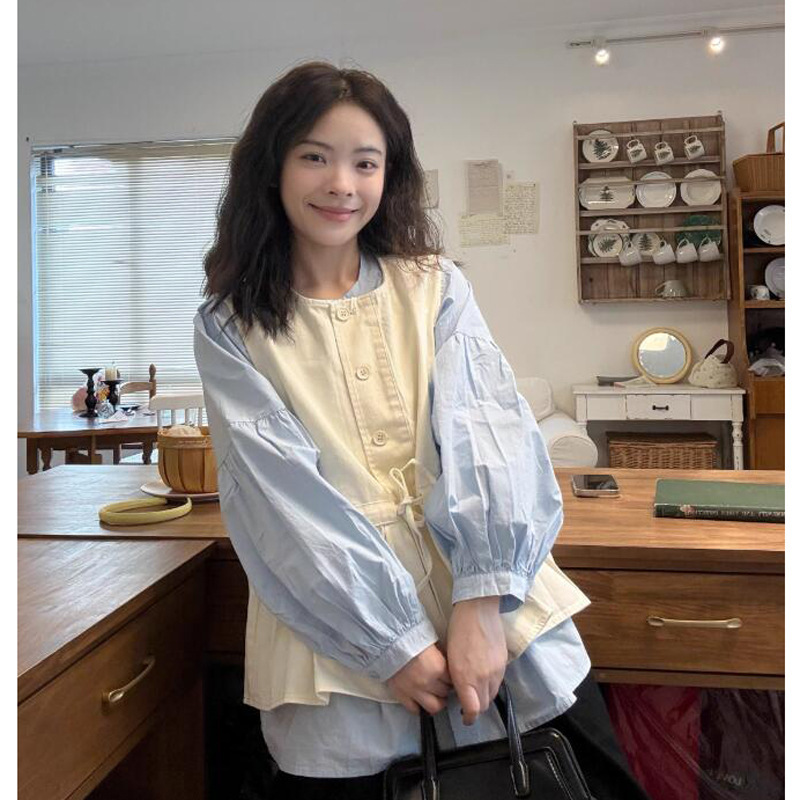 甜美风套装女减龄蝴蝶结系带圆领马甲衬衣叠穿长袖衬衫两件套女潮|undefined