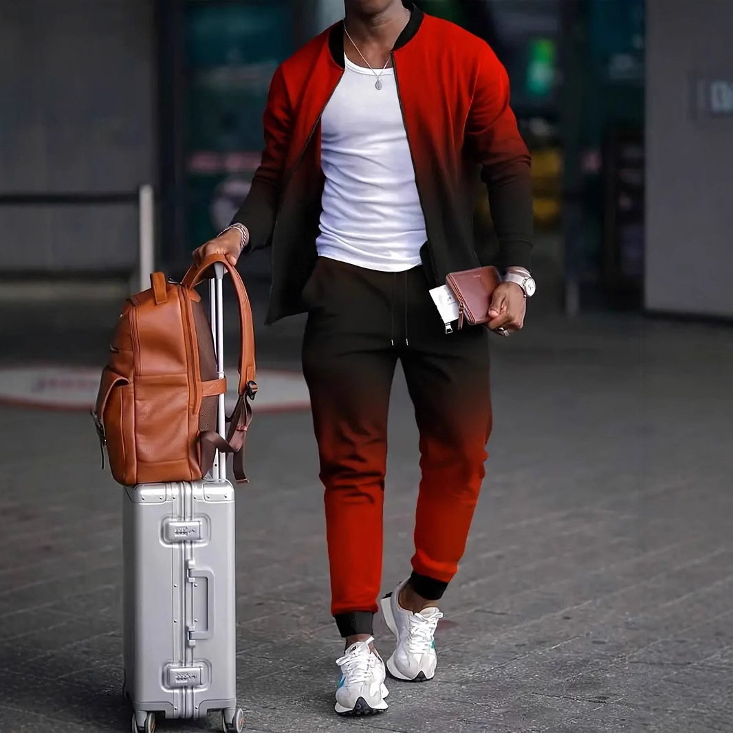 Versión coreana de la chaqueta con cremallera de estilo Pi Shuai Hong Kong de diseño de dos piezas degradado estilo popular pantalones WL9-ML1