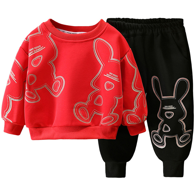 7767 traje de suéter rojo para niños 2025 nuevo estilo primavera y otoño casual de dos piezas ropa de primavera de moda para niños