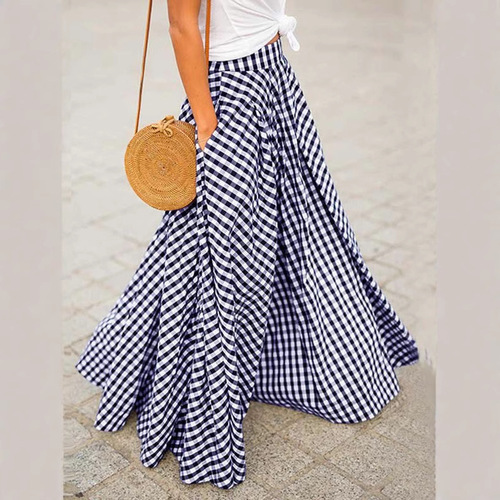 Wish 2025 Spring/Summer New Arrival Elegant All-match Chic Plaid Midi High-waisted Flared Skirt with Draping Pleated Skirt