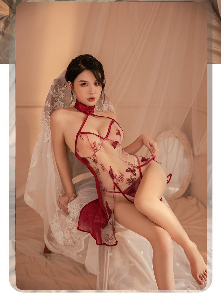 Women’s Cheongsam Lingerie Set with Embroidered Neck and Sheer Panels, Black, One Size — detail image 10