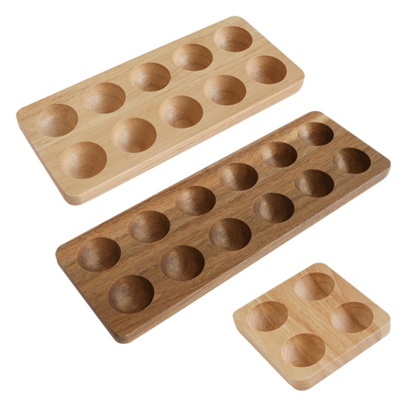 Madera de madera de goma bandeja de huevos madera de acacia caja de almacenamiento de madera Pantalla de huevo inastillable creativo madera maciza doble fila bandeja de huevos