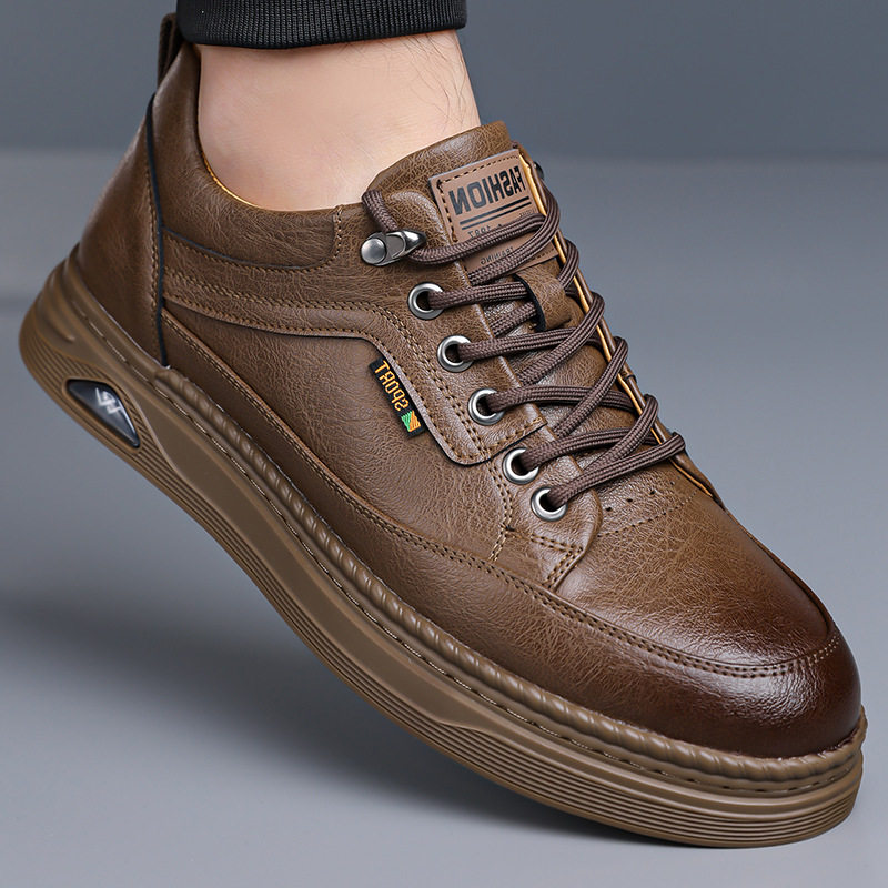 Giày da nam sneaker cổ thấp khâu chỉ thủ công, đế bằng, dây buộc phía trước — Màu nâu, Màu trắng, màu đen
