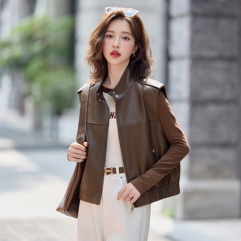 Super Nice and High-End Stand-Up Collar Motorcycle Leather Vest for Women 2025 Autumn Sleeveless Leather Jacket Wa8105