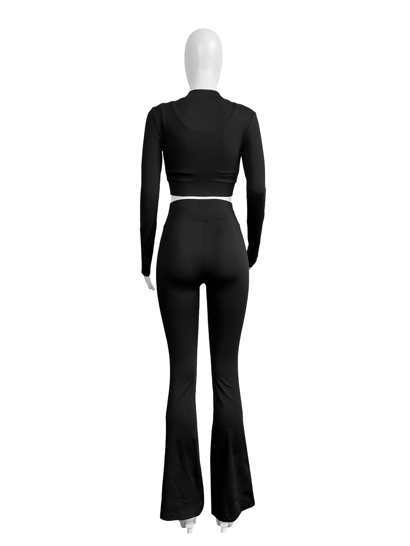 Women Clothing Basic Solid Color Short Top High Waist Bootcut Sports Casual Three Piece Suit Suit