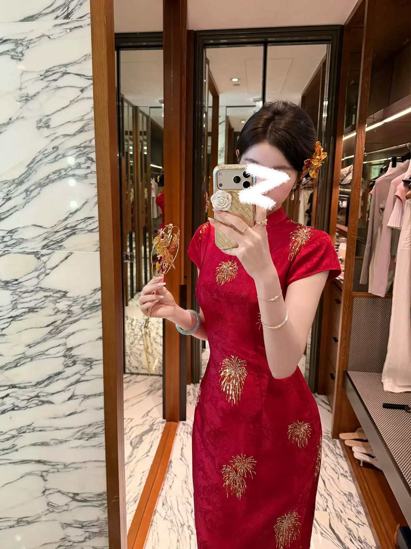 Đầm ôm body nữ kiểu Trung Hoa hiện đại thêu hoa nổi tay ngắn — màu mơ, màu đỏ chi tiết 1