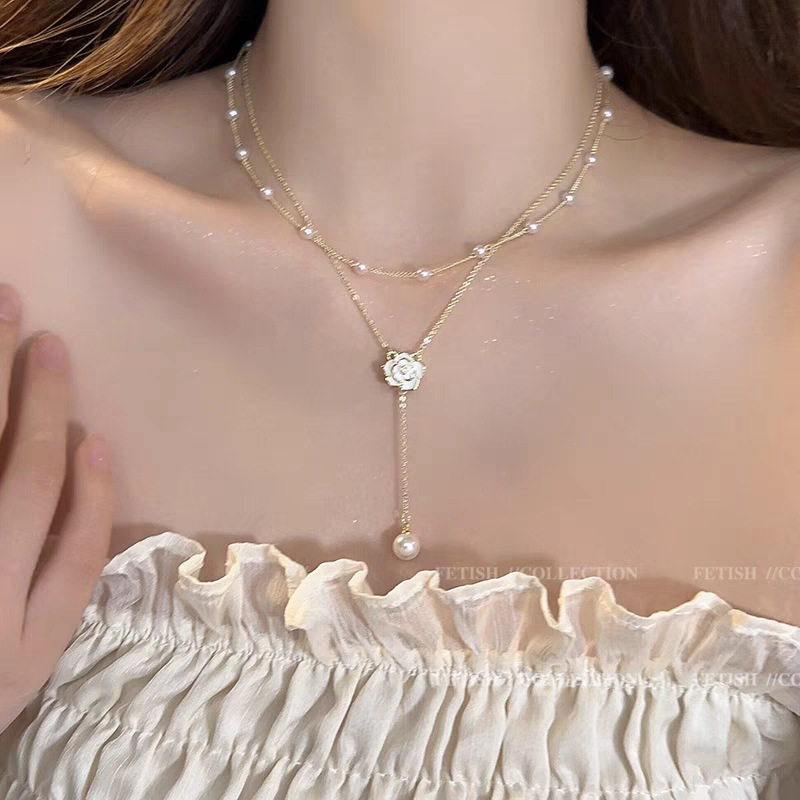 Shijia パールネックレスレディースニッチライトラグジュアリーデザインハイエンドファッション気質鎖骨チェーンネックレスセーターチェーンビーズチェーン|undefined