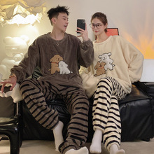 秋冬季法兰绒情侣睡衣加厚女士珊瑚绒家居服套装男士卡通冬天新款